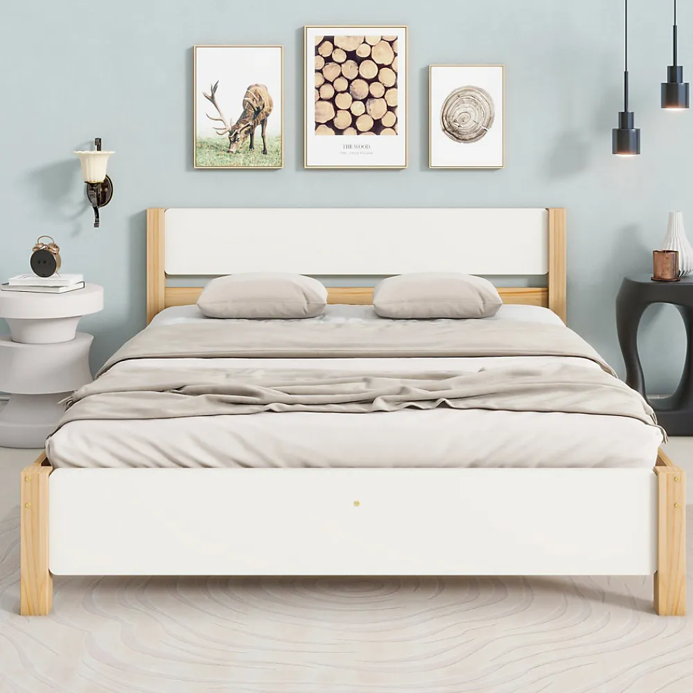 Lit adulte double en bois - cadre en pin avec tête de lit et sommier à lattes lit en MDF blanc + naturel - 140x200 cm>ProximaX Discount