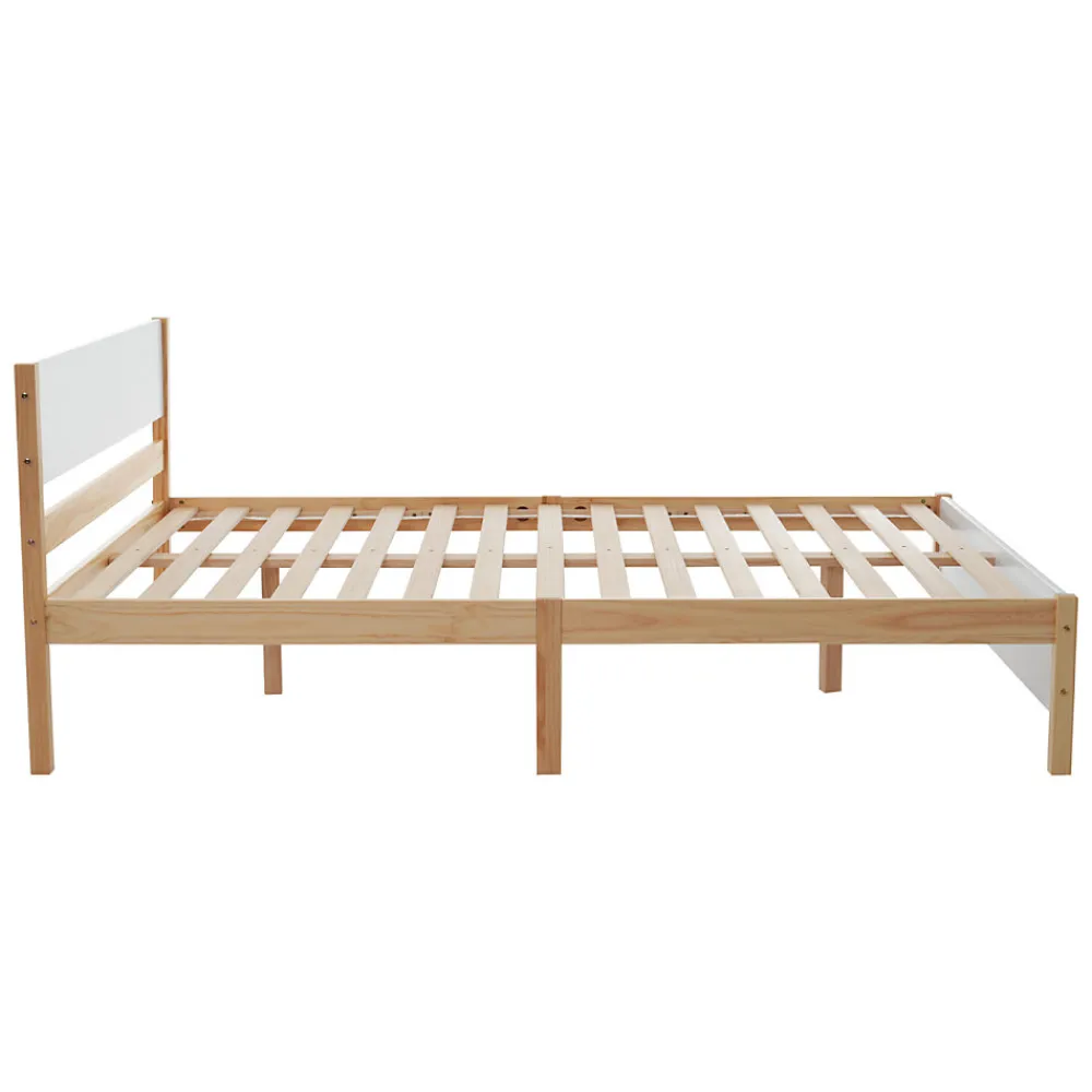 Lit adulte double en bois - cadre en pin avec tête de lit et sommier à lattes lit en MDF blanc + naturel - 140x200 cm>ProximaX Discount