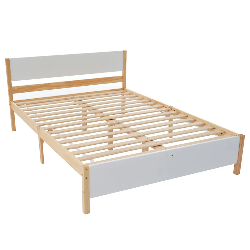 Lit adulte double en bois - cadre en pin avec tête de lit et sommier à lattes lit en MDF blanc + naturel - 140x200 cm>ProximaX Discount