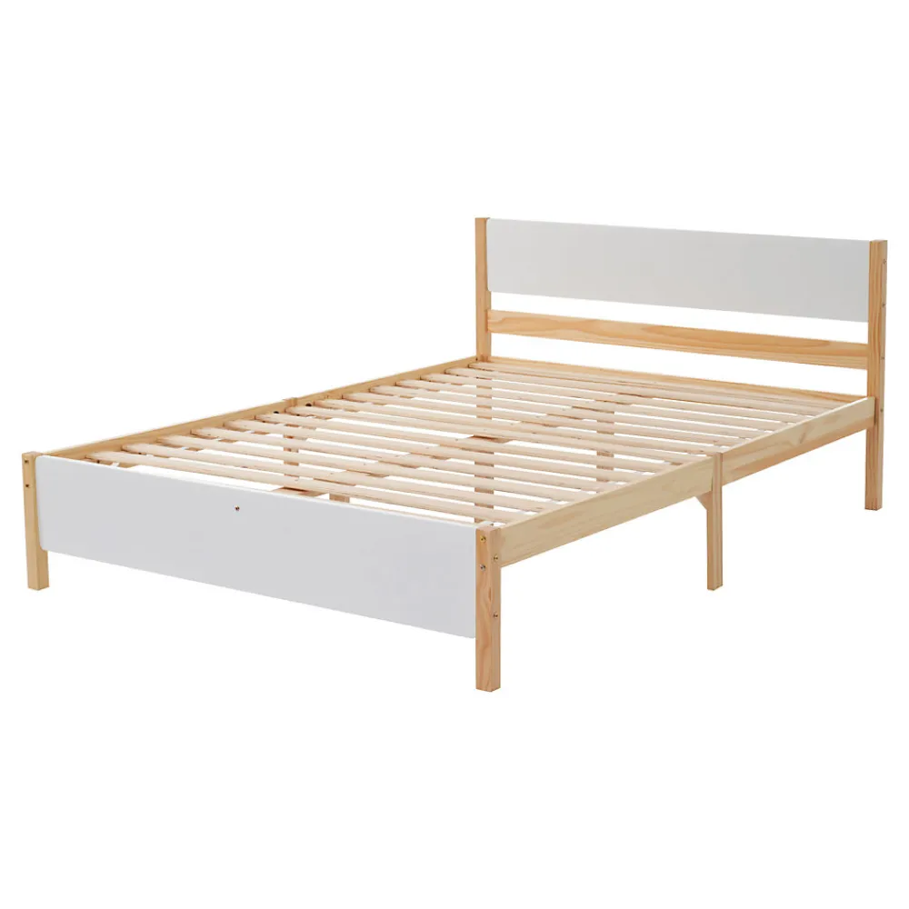 Lit adulte double en bois - cadre en pin avec tête de lit et sommier à lattes lit en MDF blanc + naturel - 140x200 cm>ProximaX Discount