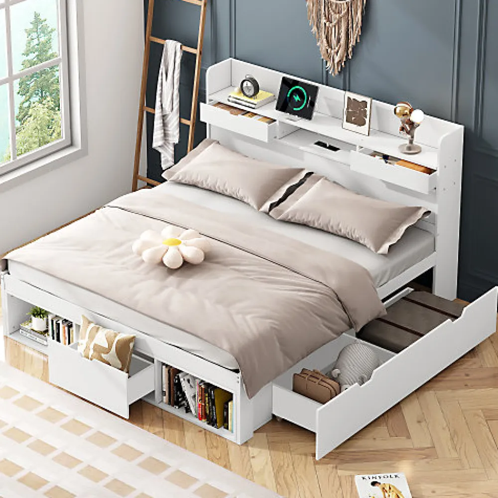 Lit adulte en MDF 180x200 cm - Avec port de recharge et rangements multifonctionnels - Blanc (matelas non inclus)>ModernLuxe Outlet