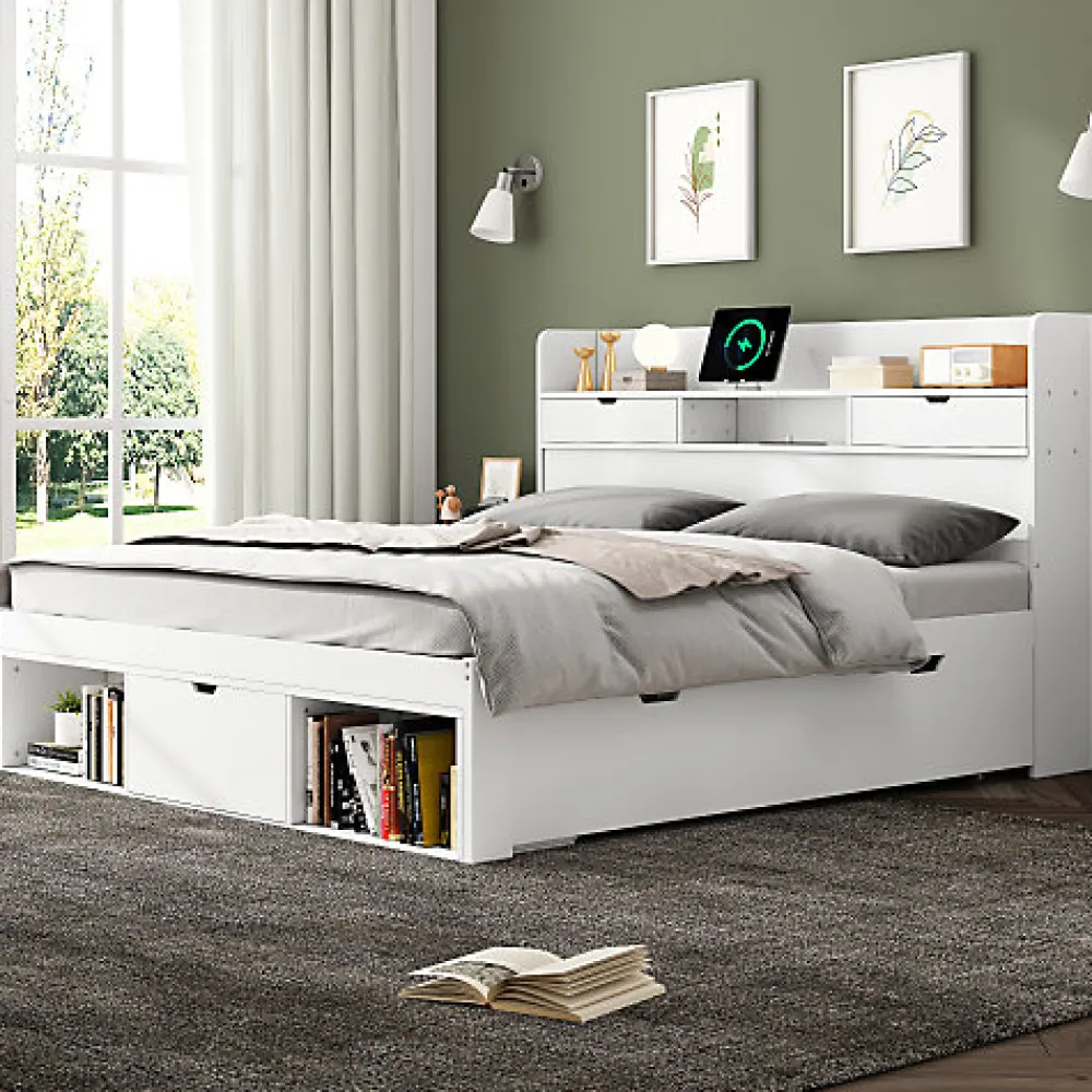 Lit adulte en MDF 180x200 cm - Avec port de recharge et rangements multifonctionnels - Blanc (matelas non inclus)>ModernLuxe Outlet