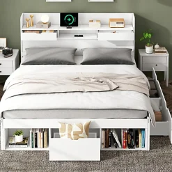 Lit adulte en MDF 180x200 cm - Avec port de recharge et rangements multifonctionnels - Blanc (matelas non inclus)><noscript><img width=