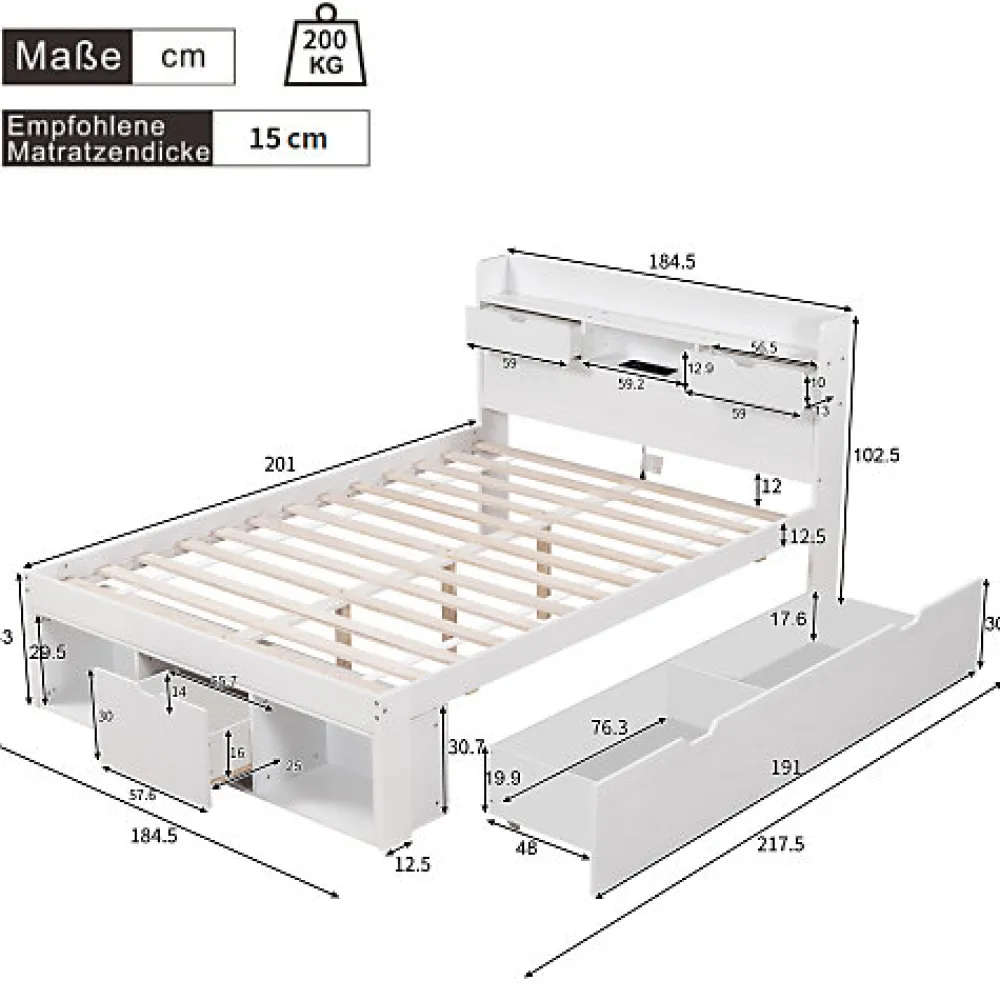 Lit adulte en MDF 180x200 cm - Avec port de recharge et rangements multifonctionnels - Blanc (matelas non inclus)>ModernLuxe Outlet