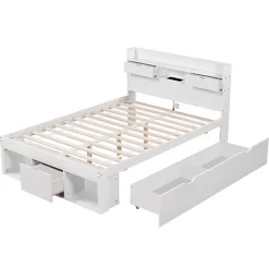Lit adulte en MDF 180x200 cm - Avec port de recharge et rangements multifonctionnels - Blanc (matelas non inclus)><noscript><img width=