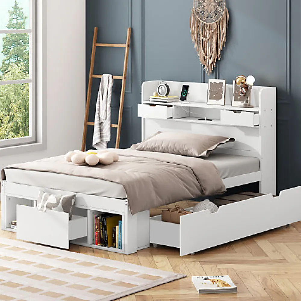 Lit adulte en MDF 90x200 cm - Avec port de recharge et rangements multifonctionnels - Blanc (matelas non inclus)>ModernLuxe Best