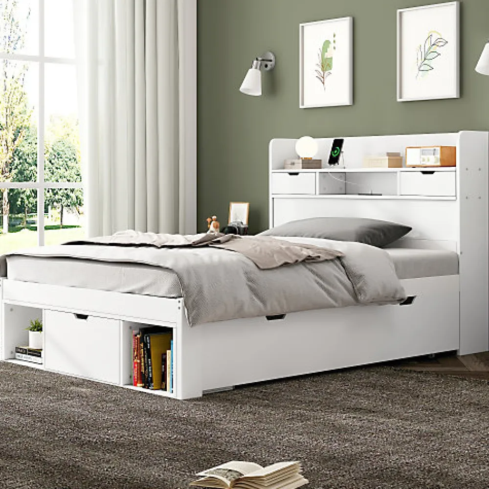 Lit adulte en MDF 90x200 cm - Avec port de recharge et rangements multifonctionnels - Blanc (matelas non inclus)>ModernLuxe Best