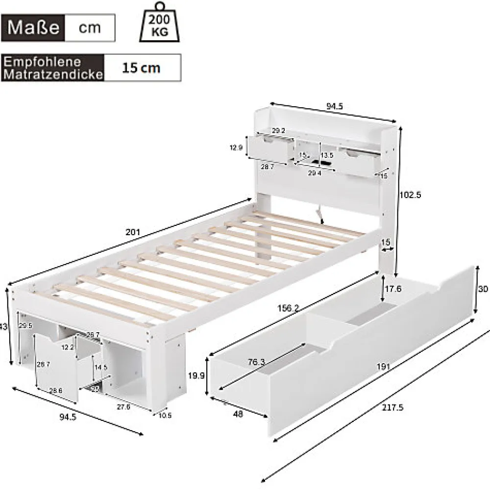 Lit adulte en MDF 90x200 cm - Avec port de recharge et rangements multifonctionnels - Blanc (matelas non inclus)>ModernLuxe Best
