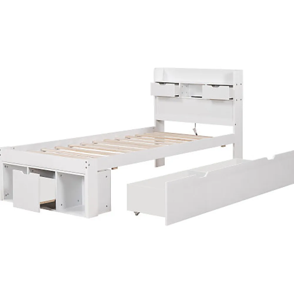 Lit adulte en MDF 90x200 cm - Avec port de recharge et rangements multifonctionnels - Blanc (matelas non inclus)>ModernLuxe Best