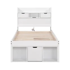Lit adulte en MDF 90x200 cm - Avec port de recharge et rangements multifonctionnels - Blanc (matelas non inclus)><noscript><img width=