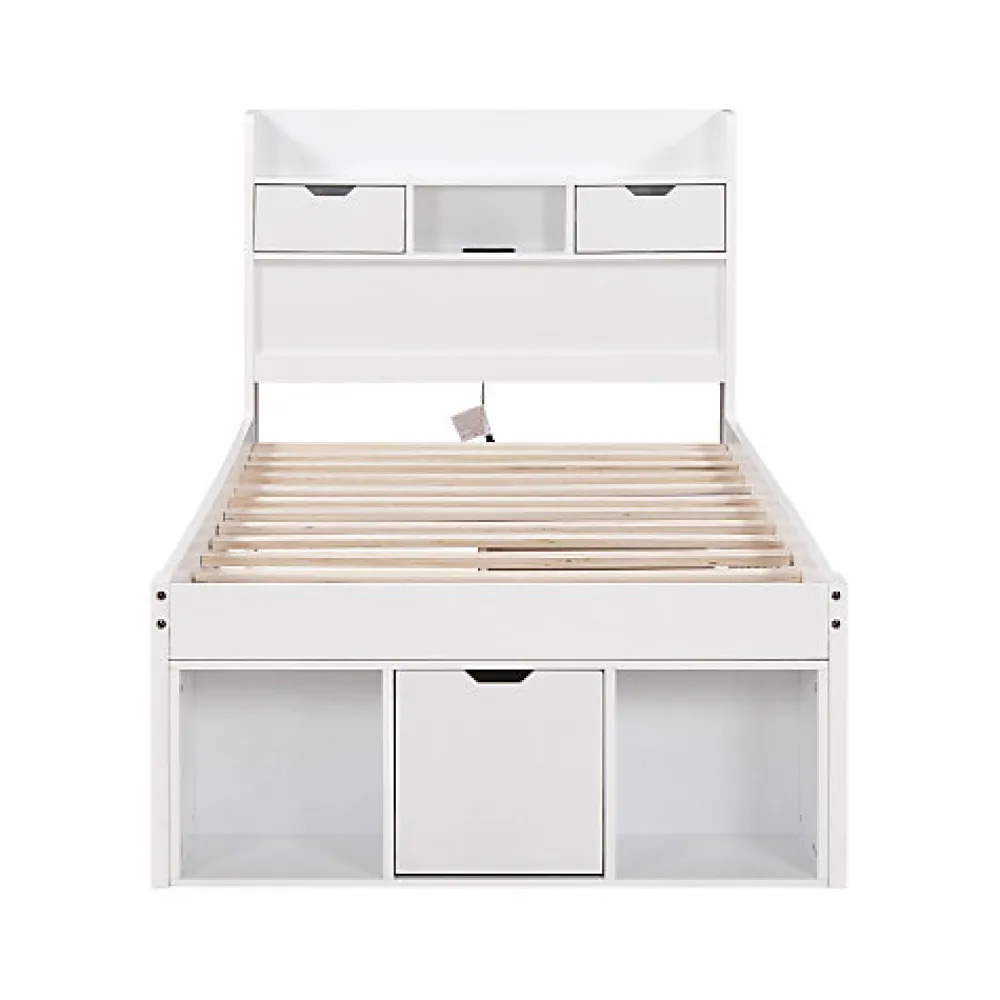 Lit adulte en MDF 90x200 cm - Avec port de recharge et rangements multifonctionnels - Blanc (matelas non inclus)>ModernLuxe Best