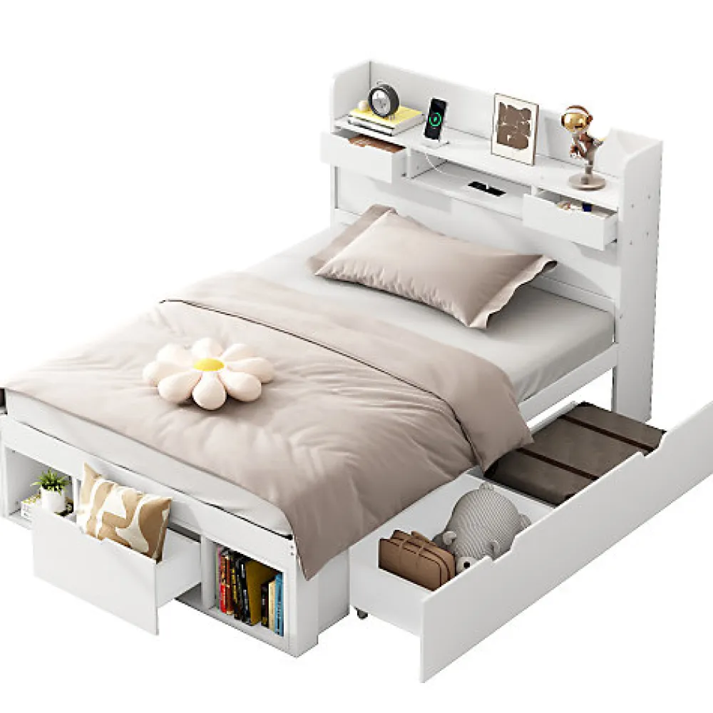 Lit adulte en MDF 90x200 cm - Avec port de recharge et rangements multifonctionnels - Blanc (matelas non inclus)>ModernLuxe Best