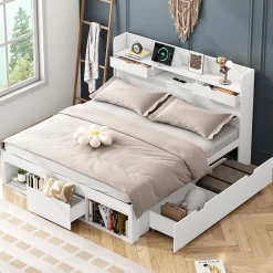 Lit adulte en MDF 140x200 cm - Avec port de recharge et rangements multifonctionnels - Blanc (matelas non inclus)>ModernLuxe