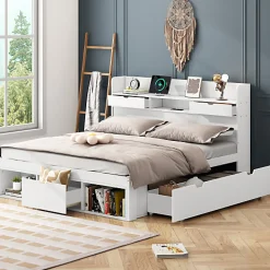 Lit adulte en MDF 140x200 cm - Avec port de recharge et rangements multifonctionnels - Blanc (matelas non inclus)>ModernLuxe