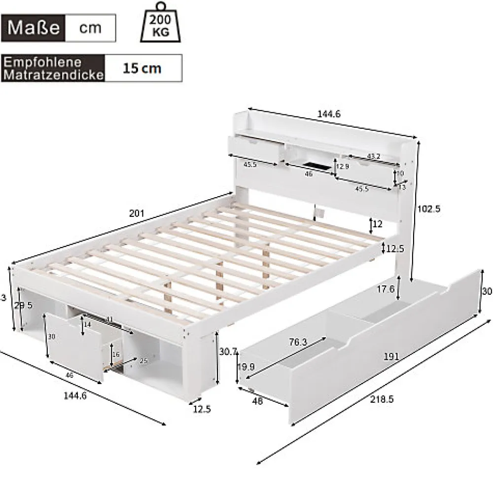 Lit adulte en MDF 140x200 cm - Avec port de recharge et rangements multifonctionnels - Blanc (matelas non inclus)>ModernLuxe