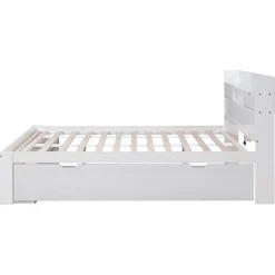 Lit adulte en MDF 140x200 cm - Avec port de recharge et rangements multifonctionnels - Blanc (matelas non inclus)><noscript><img width=