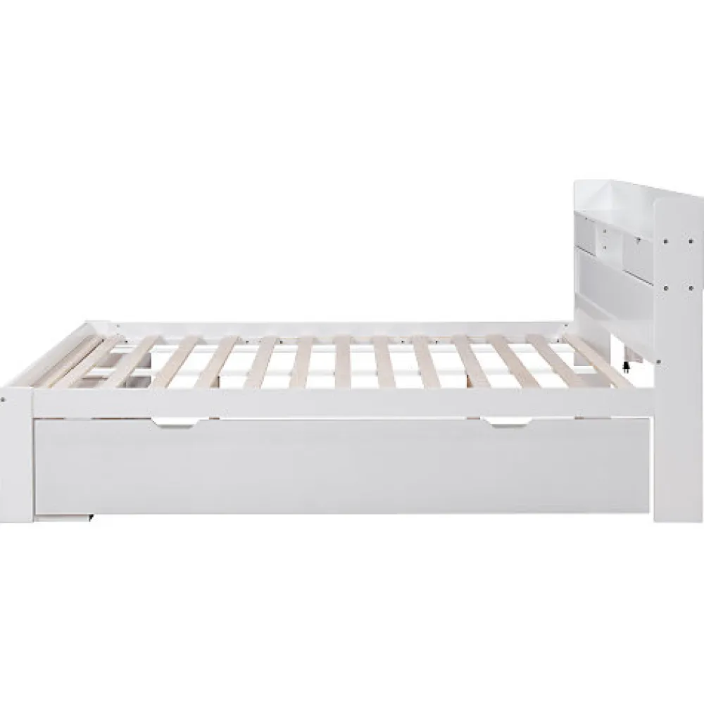Lit adulte en MDF 140x200 cm - Avec port de recharge et rangements multifonctionnels - Blanc (matelas non inclus)>ModernLuxe