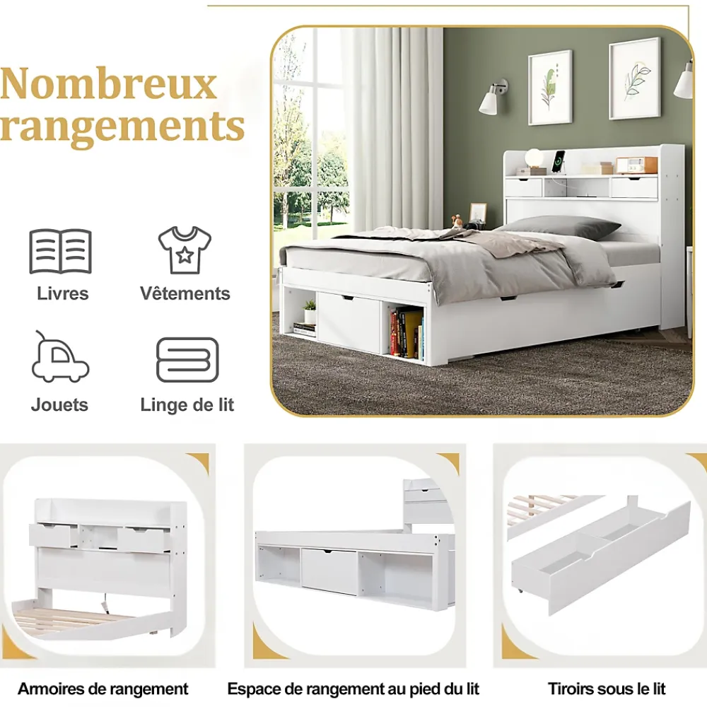 ModernLuxe Lit adulte en MDF 135x190 cm - Avec port de recharge et rangements multifonctionnels - Blanc (matelas non inclus)* Lit Avec Rangement