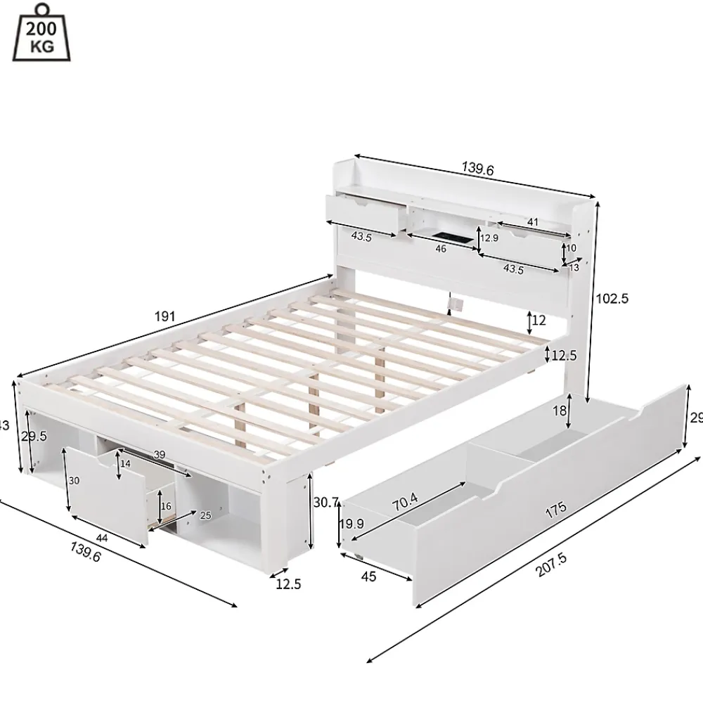 ModernLuxe Lit adulte en MDF 135x190 cm - Avec port de recharge et rangements multifonctionnels - Blanc (matelas non inclus)* Lit Avec Rangement