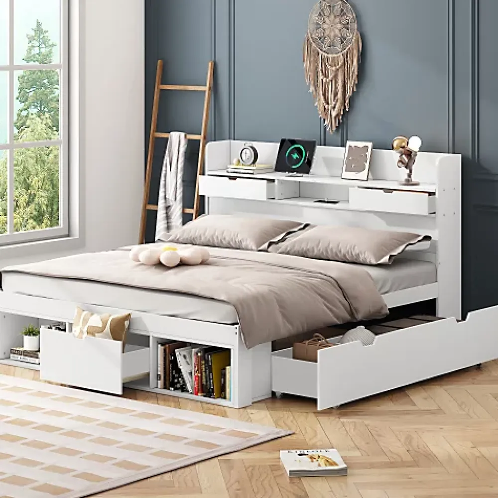 ModernLuxe Lit adulte en MDF 135x190 cm - Avec port de recharge et rangements multifonctionnels - Blanc (matelas non inclus)* Lit Avec Rangement
