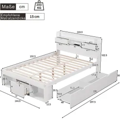 Lit adulte en MDF 140x190 cm - Avec port de recharge et rangements multifonctionnels - Blanc (matelas non inclus)><noscript><img width=