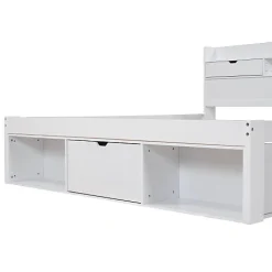 Lit adulte en MDF 140x190 cm - Avec port de recharge et rangements multifonctionnels - Blanc (matelas non inclus)><noscript><img width=
