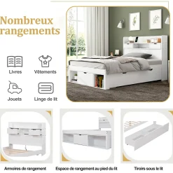 ModernLuxe Lit adulte en MDF 90x190 cm - Avec port de recharge et rangements multifonctionnels - Blanc (matelas non inclus)* Lit Avec Rangement