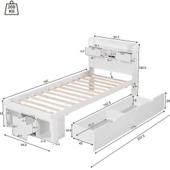 ModernLuxe Lit adulte en MDF 90x190 cm - Avec port de recharge et rangements multifonctionnels - Blanc (matelas non inclus)* Lit Avec Rangement