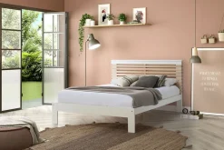 Lit adulte en pin et MDF coloris blanc, naturel - Longueur 197,7 x Profondeur 153,2 x Hauteur 100 cm><noscript><img width=