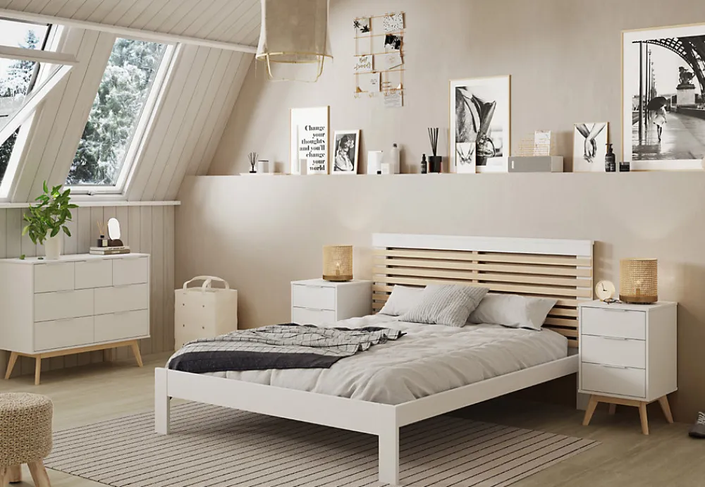 Lit adulte en pin et MDF coloris blanc, naturel - Longueur 197,7 x Profondeur 153,2 x Hauteur 100 cm>Pegane Hot