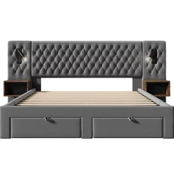 ModernLuxe Lit adulte en velours 160x200 cm - avec 2 chevets et 4 tiroirs - 2 liseuses avec prise USB - Gris (matelas non inclus)* Lit Avec Rangement