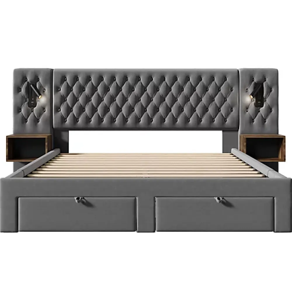 ModernLuxe Lit adulte en velours 160x200 cm - avec 2 chevets et 4 tiroirs - 2 liseuses avec prise USB - Gris (matelas non inclus)* Lit Avec Rangement