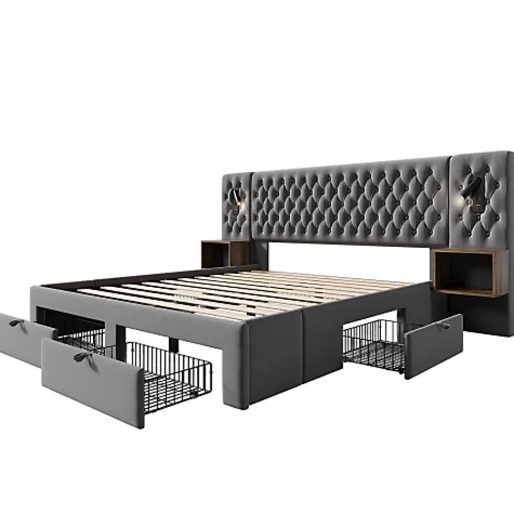 ModernLuxe Lit adulte en velours 160x200 cm - avec 2 chevets et 4 tiroirs - 2 liseuses avec prise USB - Gris (matelas non inclus)* Lit Avec Rangement