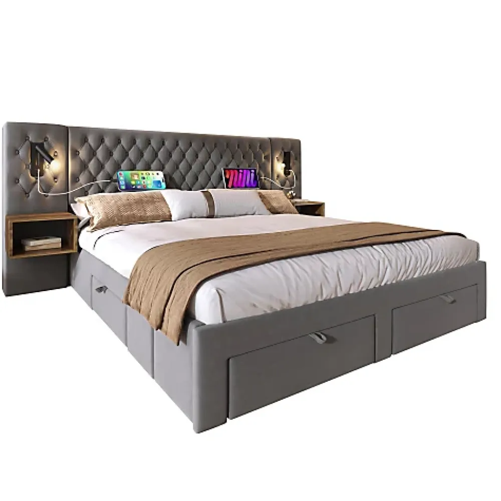ModernLuxe Lit adulte en velours 160x200 cm - avec 2 chevets et 4 tiroirs - 2 liseuses avec prise USB - Gris (matelas non inclus)* Lit Avec Rangement