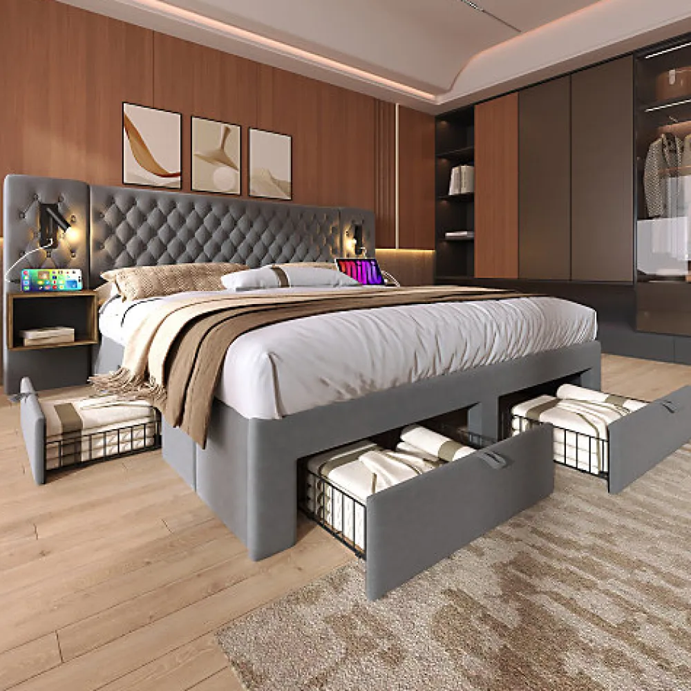 ModernLuxe Lit adulte en velours 160x200 cm - avec 2 chevets et 4 tiroirs - 2 liseuses avec prise USB - Gris (matelas non inclus)* Lit Avec Rangement