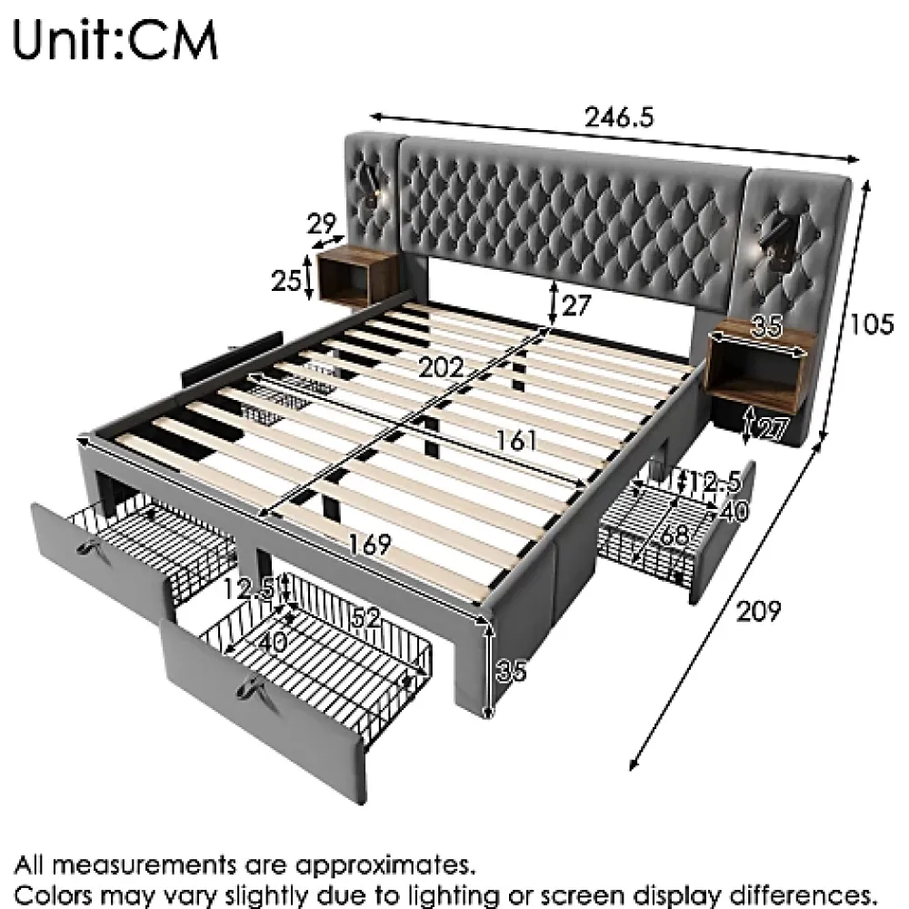 ModernLuxe Lit adulte en velours 160x200 cm - avec 2 chevets et 4 tiroirs - 2 liseuses avec prise USB - Gris (matelas non inclus)* Lit Avec Rangement