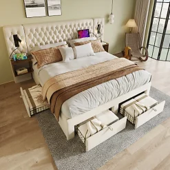 Lit adulte en velours 180x200 cm - avec 2 chevets et 4 tiroirs - 2 liseuses avec prise USB - Beige (matelas non inclus)>ModernLuxe