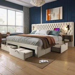 Lit adulte en velours 180x200 cm - avec 2 chevets et 4 tiroirs - 2 liseuses avec prise USB - Beige (matelas non inclus)><noscript><img width=