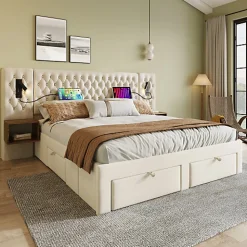 Lit adulte en velours 180x200 cm - avec 2 chevets et 4 tiroirs - 2 liseuses avec prise USB - Beige (matelas non inclus)><noscript><img width=