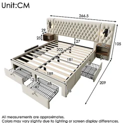 Lit adulte en velours 180x200 cm - avec 2 chevets et 4 tiroirs - 2 liseuses avec prise USB - Beige (matelas non inclus)><noscript><img width=