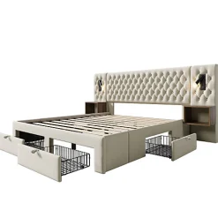 Lit adulte en velours 180x200 cm - avec 2 chevets et 4 tiroirs - 2 liseuses avec prise USB - Beige (matelas non inclus)><noscript><img width=