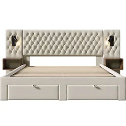 Lit adulte en velours 180x200 cm - avec 2 chevets et 4 tiroirs - 2 liseuses avec prise USB - Beige (matelas non inclus)><noscript><img width=