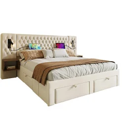 Lit adulte en velours 180x200 cm - avec 2 chevets et 4 tiroirs - 2 liseuses avec prise USB - Beige (matelas non inclus)><noscript><img width=