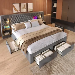 Lit adulte en velours 180x200 cm - avec 2 chevets et 4 tiroirs - 2 liseuses avec prise USB - Gris (matelas non inclus)>ModernLuxe
