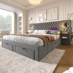 Lit adulte en velours 180x200 cm - avec 2 chevets et 4 tiroirs - 2 liseuses avec prise USB - Gris (matelas non inclus)>ModernLuxe
