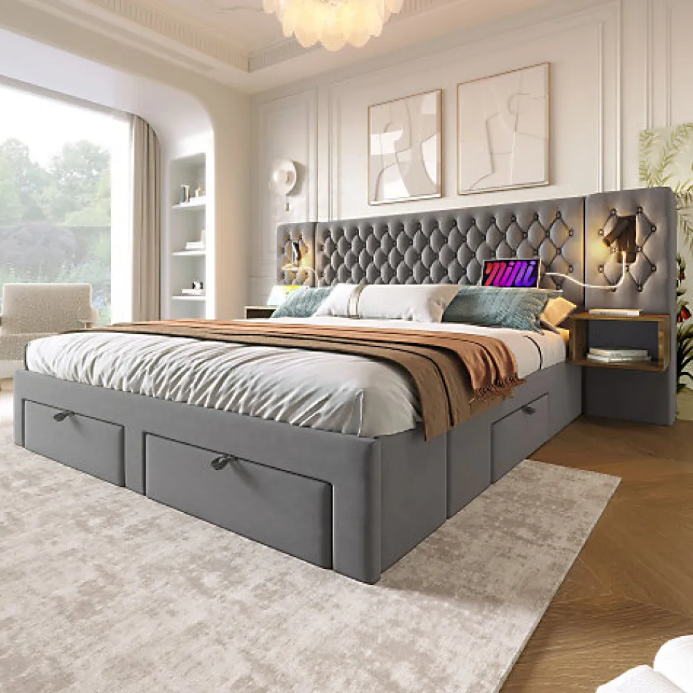 Lit adulte en velours 180x200 cm - avec 2 chevets et 4 tiroirs - 2 liseuses avec prise USB - Gris (matelas non inclus)>ModernLuxe