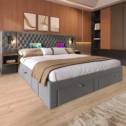 Lit adulte en velours 180x200 cm - avec 2 chevets et 4 tiroirs - 2 liseuses avec prise USB - Gris (matelas non inclus)><noscript><img width=