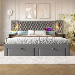 Lit adulte en velours 180x200 cm - avec 2 chevets et 4 tiroirs - 2 liseuses avec prise USB - Gris (matelas non inclus)><noscript><img width=