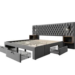 Lit adulte en velours 180x200 cm - avec 2 chevets et 4 tiroirs - 2 liseuses avec prise USB - Gris (matelas non inclus)><noscript><img width=