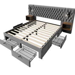 Lit adulte en velours 180x200 cm - avec 2 chevets et 4 tiroirs - 2 liseuses avec prise USB - Gris (matelas non inclus)><noscript><img width=